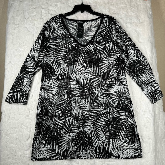 Mario Serrani Italy Beach Cover Up Black White Tropical Print Tunic Dress Large - Picture 5 of 10
